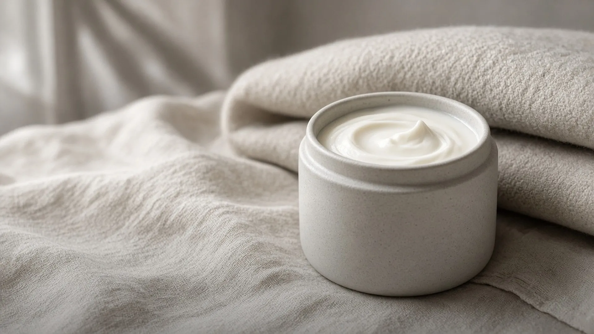 An open jar of rich cream on linen beside a wool throw