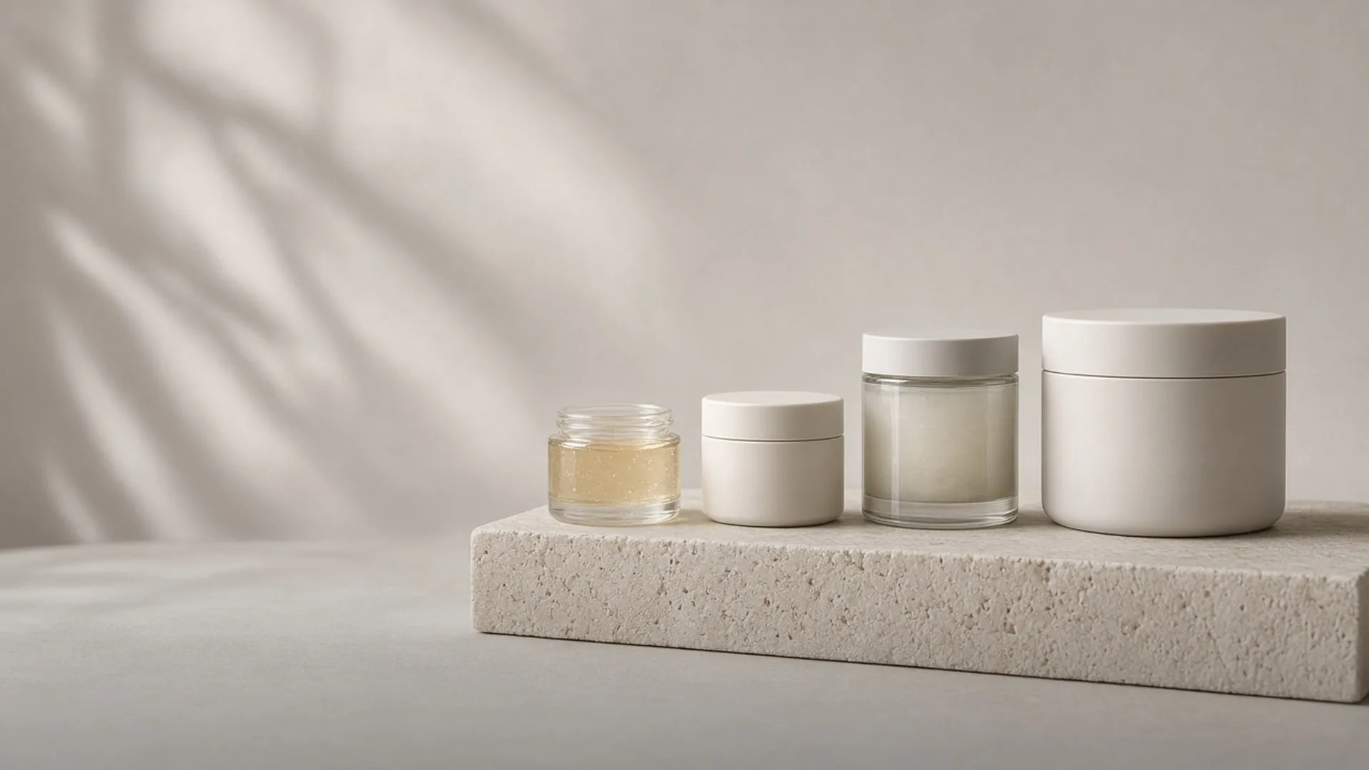 Four unlabeled jars in graduated sizes on a stone plinth